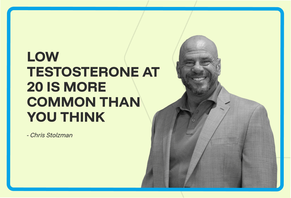 A smiling bald man with a beard in a suit stands next to the quote: Low testosterone at 20 is more common than you think – Chris Stolzman. The image features a light background, blue border, and discreetly asks: Does hormone therapy cause breast cancer?.