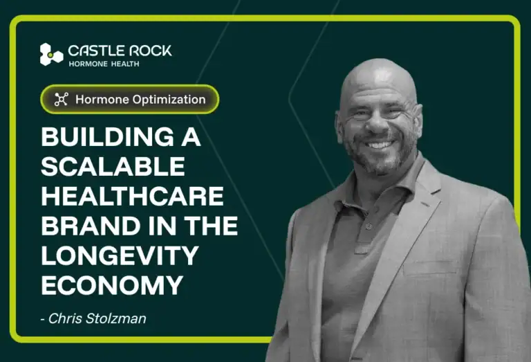 A smiling bald man in a suit stands next to text: Building a scalable healthcare brand in the longevity economy - Chris Stolzman. Castle Rock Hormone Health and Hormone Optimization are also displayed.