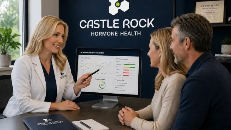 A female doctor in a white coat explains hormone therapy data on a computer screen to a smiling man and woman seated across from her in a medical office with Castle Rock Hormone Health branding.