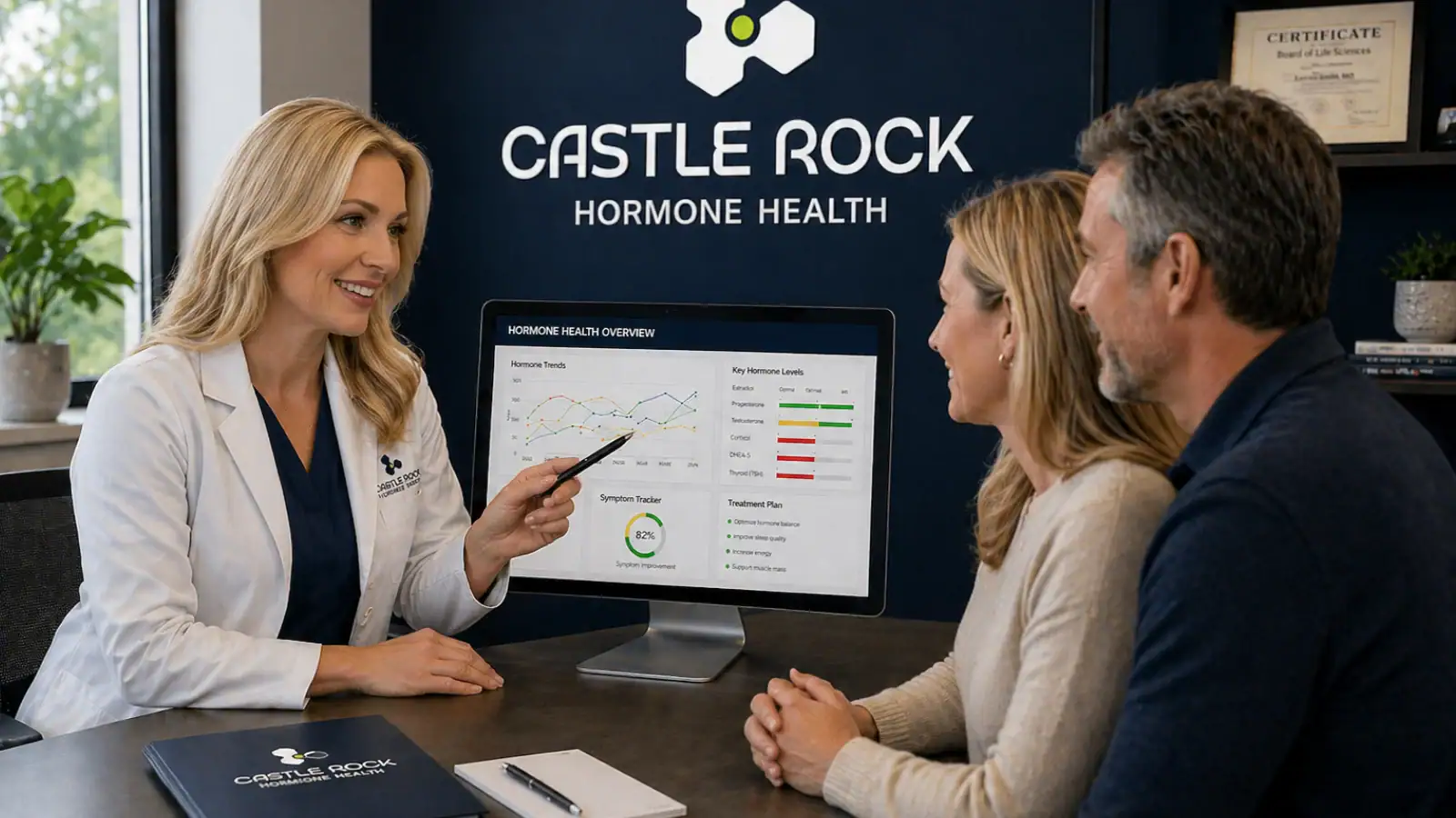 A female doctor in a white coat explains hormone therapy data on a computer screen to a smiling man and woman seated across from her in a medical office with Castle Rock Hormone Health branding.