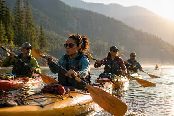 Four people kayak together on a calm lake surrounded by pine trees and mountains in the early morning light, wearing outdoor gear and sunglasses—enjoying nature’s peace while discussing Castle Rock Hormone Health and the future of longevity medicine.