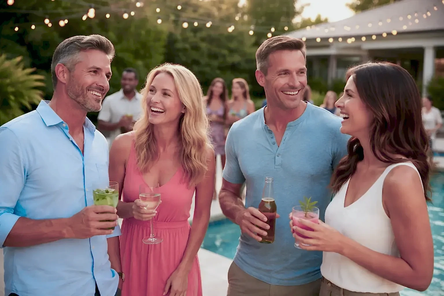 Four adults stand by a pool at an outdoor party, smiling and holding drinks. String lights and other guests are visible in the background, creating a festive, summery atmosphere.