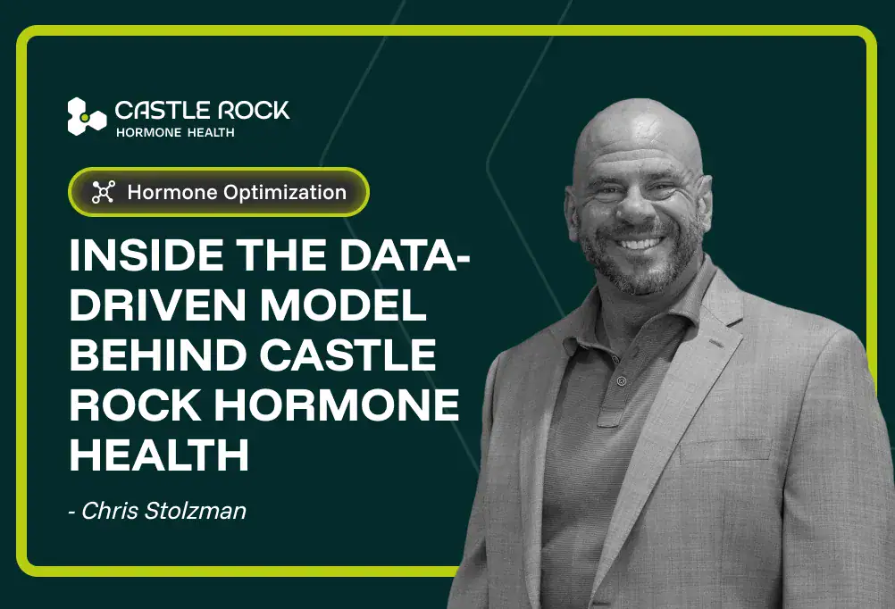 A bald man with a beard in a suit smiles beside text promoting a data-driven model for Castle Rock Hormone Health, highlighting expert hormone health optimization by Chris Stolzman.