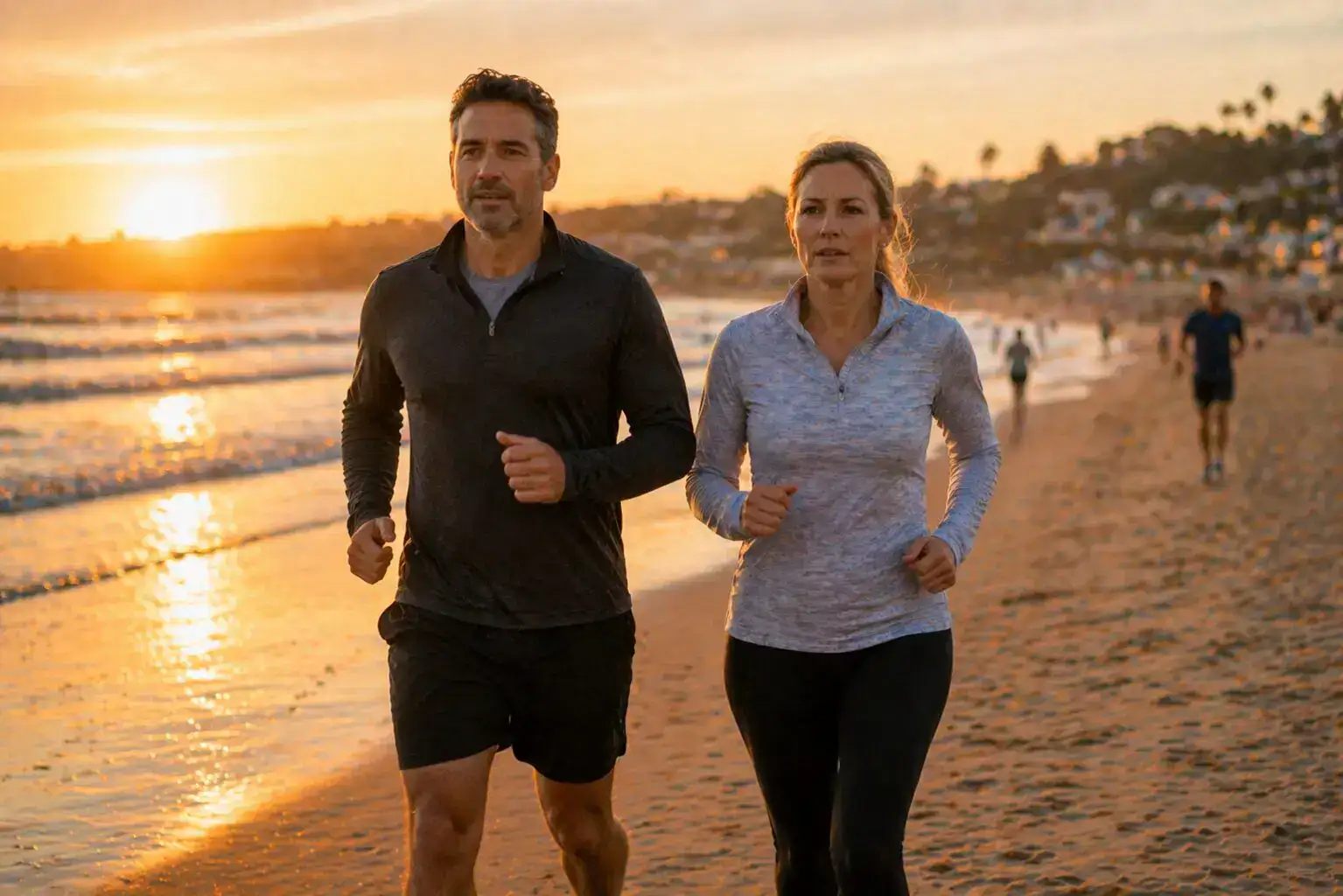 A man and woman jog side by side along a sandy beach at sunset. Dressed in athletic wear, they enjoy the evening light, embodying emerging healthcare concepts that promote fitness and well-being as others stroll in the background.