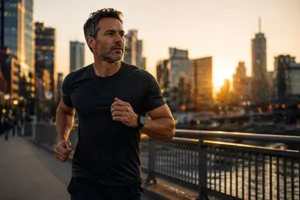A man in athletic clothing jogs along a city waterfront at sunset, with tall buildings and a glowing sky in the background, reflecting the active lifestyle promoted by preventive healthcare franchises.