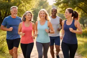 Five adults, three women and two men, jog together outdoors on a sunny day in Castle Rock. Smiling and wearing athletic clothing, they run on a dirt path surrounded by green trees—embracing nature and the benefits of hormone optimization.