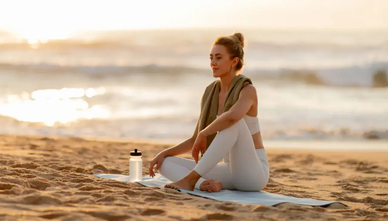 A woman, focused on hormone care, sits cross-legged on a yoga mat on a sandy beach at sunrise or sunset, with a towel draped over her shoulders and a water bottle beside her. The ocean and soft sunlight are in the background.