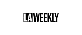 Black and white LA Weekly logo with the letters LA in bold block font and WEEKLY in a narrower font, all on a dark background.